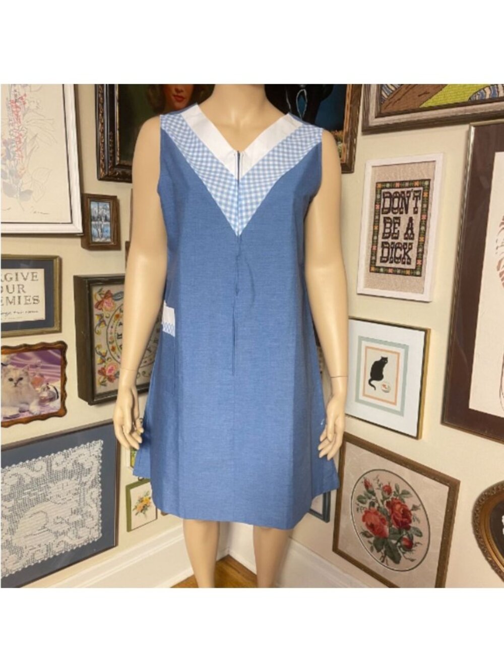 Vintage Sears Perma-Smooth Blue & White Sleeveless Dress With Gingham Collar